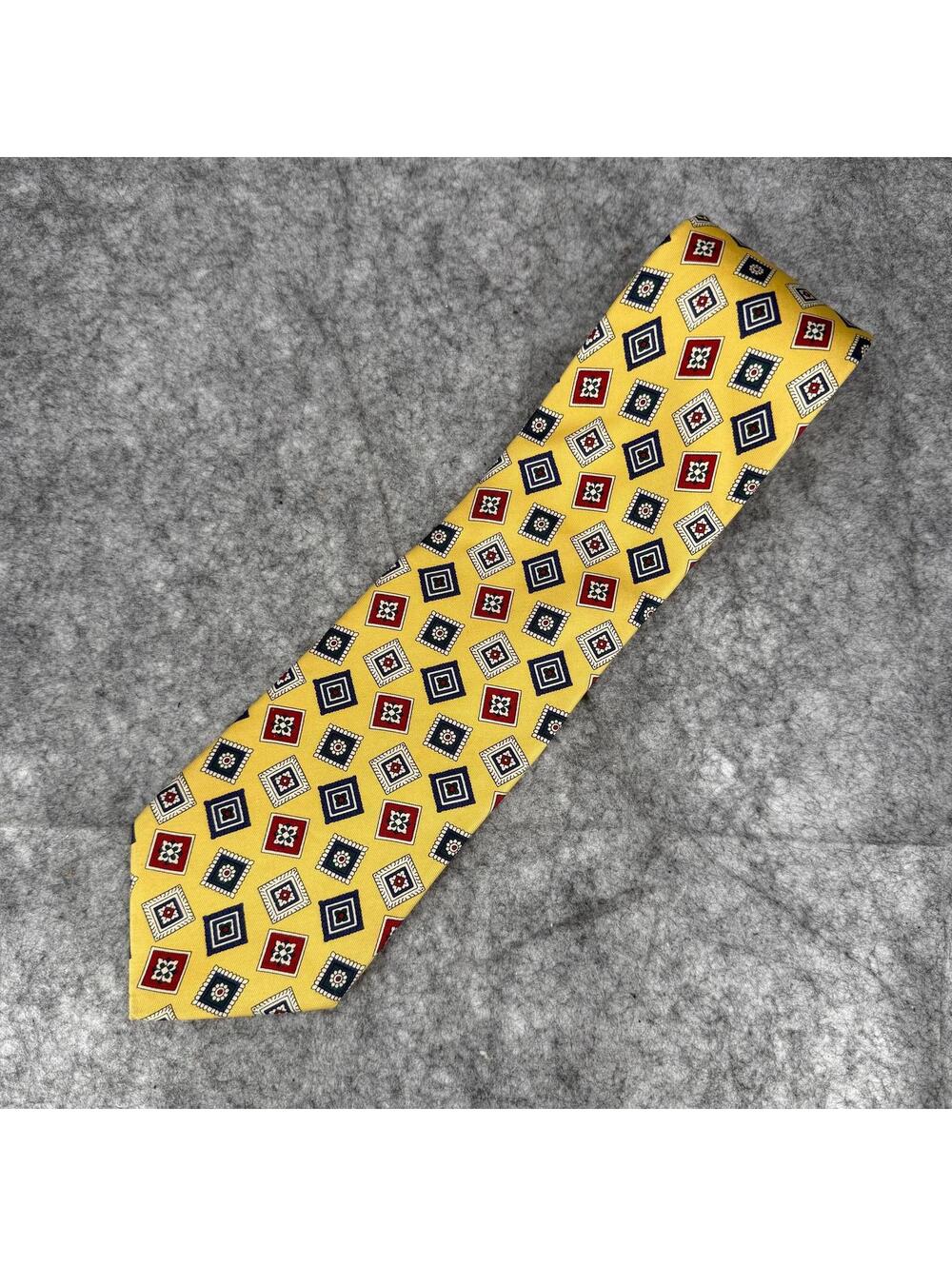 Jos A Bank Silk Tie Yellow Navy Blue Red White Green Squares Diamonds 58L 3.75W